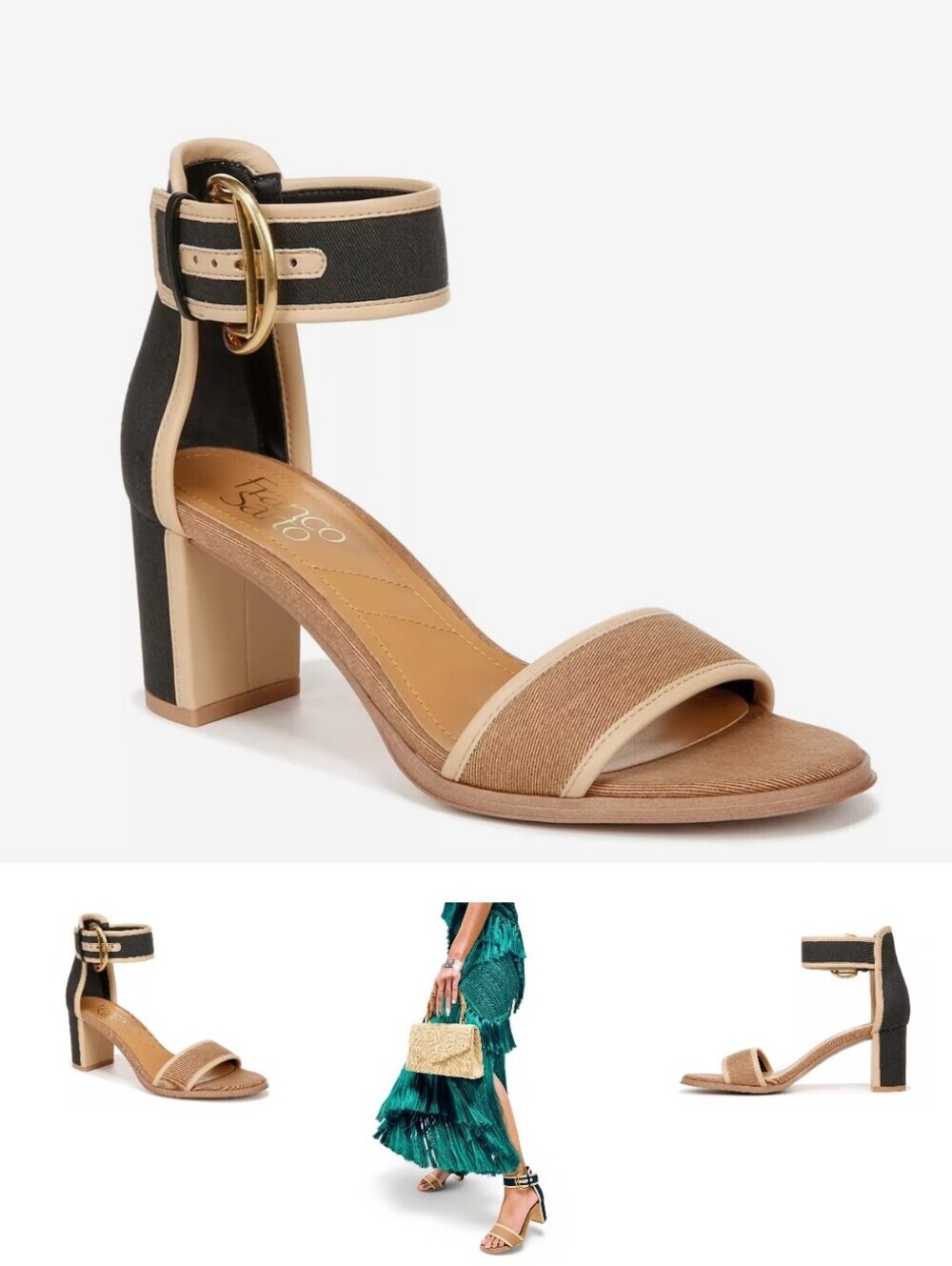 NIB New! Franco Sarto Brooklyn block heel Sandal buckle strap neutral size 10